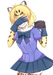 Rule 34 | 1girl, animal ear fluff, animal ears, black bow, black bowtie, black gloves, black skirt, blonde hair, bow, bowtie, commentary, common raccoon (kemono friends), common raccoon (kemono friends) (cosplay), cosplay, covering own eyes, cowboy shot, elbow gloves, fur collar, gloves, highres, jaguar (kemono friends), jaguar ears, kemono friends, medium hair, pleated skirt, print gloves, print thighhighs, puffy short sleeves, puffy sleeves, purple shirt, selfie, shirt, short sleeves, simple background, skirt, smile, solo, sweat, thighhighs, white background