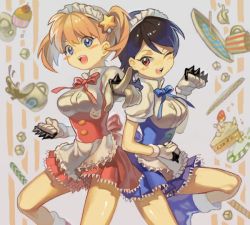 Rule 34 | 00s, 2girls, blue d (bobobo-bo bo-bobo), blue eyes, blush, bobobo-bo bo-bobo, boots, brass knuckles, breasts, brown hair, cake, candy, coffee, food, maid, multiple girls, open mouth, red eyes, red hair, red k (bobobo-bo bo-bobo), short hair, short twintails, spiked knuckles, twintails, weapon, wink