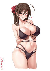 Rule 34 | 1girl, ahoge, alternate costume, arms behind back, bare shoulders, bikini, black bikini, blush, breasts, brown hair, closed mouth, collarbone, cowboy shot, cropped legs, ebifurya, groin, hair between eyes, hair ornament, hair ribbon, hairclip, hand on own arm, heart, highleg, highres, kantai collection, large breasts, light smile, lips, looking at viewer, mamiya (kancolle), multi-strapped bikini, navel, one-hour drawing challenge, purple eyes, red ribbon, ribbon, simple background, skindentation, smile, solo, standing, stomach, strap gap, swimsuit, thighs, twitter username, white background
