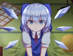 Rule 34 | 1girl, ball, blue bow, blue dress, blue eyes, blue hair, bow, cirno, closed mouth, commentary request, dress, eyes visible through hair, flat chest, from above, hair between eyes, hair bow, highres, ice, ice wings, indoors, light smile, looking at viewer, mashiba lei, on floor, petite, pinafore dress, puffy short sleeves, puffy sleeves, shaded face, shadow, short hair, short sleeves, sleeveless, sleeveless dress, solo, table, tatami, touhou, wing collar, wings