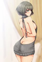 Rule 34 | 10s, 1girl, ass, back, backless dress, backless outfit, bare back, blurry, blush, breasts, butt crack, closed mouth, cowboy shot, curtains, depth of field, dress, from behind, green eyes, grey hair, halterneck, highres, idolmaster, idolmaster cinderella girls, indoors, looking at viewer, medium breasts, meme attire, naked sweater, profile, ribbed sweater, ryuu., short hair, sideboob, smile, solo, sweater, sweater dress, takagaki kaede, thighs, turtleneck, turtleneck sweater, virgin killer sweater