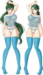 Rule 34 | 2girls, absurdres, black eyes, breasts, commission, commissioner upload, fire emblem, functionally nude, green hair, highres, large breasts, long hair, lyn (fire emblem), multiple girls, nail polish, nintendo, original, pollo1567, ponytail, pubic hair, smile, thighhighs