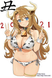 Rule 34 | 1girl, 2021, animal collar, animal ears, animal print, armlet, bell, bikini, black collar, blue eyes, breasts, brown hair, chinese zodiac, cleavage, closed mouth, collar, commentary request, cow ears, cow girl, cow horns, cow print, cow print bikini, cowbell, cowboy shot, cropped legs, halterneck, highres, horns, index finger raised, kimura shigetaka, large breasts, long hair, looking at viewer, navel, neck bell, new year, original, partial commentary, print bikini, side-tie bikini bottom, simple background, skindentation, smile, solo, standing, swimsuit, thighlet, translated, v, very long hair, w arms, watermark, web address, white background, white bikini, wrist cuffs, year of the ox