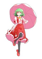 Rule 34 | 1girl, alphes (style), ascot, black pantyhose, breasts, closed mouth, collared shirt, dairi, dress shirt, eyebrows, flower, frilled ascot, frilled skirt, frills, full body, green hair, hair between eyes, high-waist skirt, highres, holding, holding umbrella, index finger raised, kazami yuuka, leg up, long skirt, looking at viewer, mary janes, open clothes, open vest, pantyhose, parody, plaid, plaid vest, red eyes, red footwear, red skirt, red vest, shirt, shoes, short hair, skirt, small breasts, smile, solo, style parody, touhou, transparent background, tsurime, umbrella, v-shaped eyebrows, vest, white shirt, white umbrella, yellow ascot