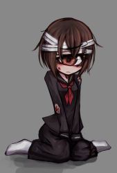 Rule 34 | 1girl, bandages, blood, brown eyes, brown hair, cyclops, deep wound, female focus, grey background, injury, monster girl, one-eyed, original, ray-k, school uniform, short hair, simple background, socks, solo, torn clothes, usui sachi