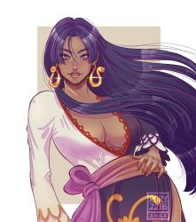 Rule 34 | 1girl, black hair, boa hancock, breasts, cleavage, commentary, dated, dress, earrings, english commentary, frilled dress, frills, highres, hime cut, jewelry, long hair, looking at viewer, one piece, one piece: stampede, purple sash, rory221b, sash, simple background, snake earrings, solo, upper body, watermark