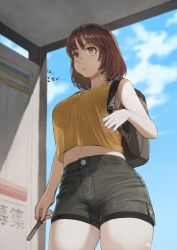 Rule 34 | 1girl, absurdres, backpack, bag, bare shoulders, black bag, black shorts, bob cut, brain freeze, breasts, brown eyes, brown hair, commentary request, cowboy shot, denim, denim shorts, full mouth, high-waist shorts, highres, holding strap, jun (navigavi), large breasts, looking ahead, midriff, navel, original, popsicle stick, see-through silhouette, shirt, short hair, shorts, sky, solo, sweat, thick thighs, thighs, weibo logo, weibo watermark, yellow shirt