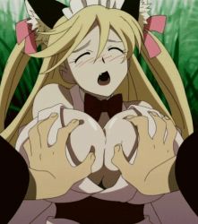 Rule 34 | 1girl, animated, animated gif, blonde hair, blush, grabbing another&#039;s breast, breasts, deep skin, closed eyes, fang, flesh backbone, grabbing, groping, huge breasts, open mouth, shikabane hime, short twintails, solo focus, twintails