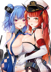 Rule 34 | 2girls, azur lane, bare shoulders, blue hair, blush, bow, breast press, breasts, buttons, cowboy shot, detached collar, elbow gloves, from side, gloves, hair bow, honolulu (azur lane), large breasts, looking at viewer, macchiato (jae-min cho), machinery, multiple girls, open mouth, red eyes, red hair, st. louis (azur lane), standing, twintails, v-shaped eyebrows, white gloves