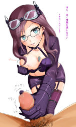 Rule 34 | 10s, 1boy, 1girl, between breasts, blue eyes, blush, breast slip, breasts, breasts out, censored, clothed female nude male, garter straps, glasses, goggles, goggles on head, handjob, hetero, highres, hitofudegaki usagi, idolmaster, idolmaster cinderella girls, leaning forward, long hair, looking at viewer, male pubic hair, mosaic censoring, nipples, nude, one breast out, open mouth, penis, pubic hair, purple hair, skirt, smile, thighhighs, yagami makino