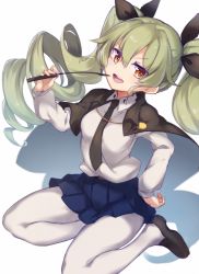 Rule 34 | &gt;:d, 10s, 1girl, :d, anchovy (girls und panzer), bad id, bad pixiv id, between breasts, blue skirt, breasts, cape, clenched hand, dress shirt, drill hair, girls und panzer, green hair, hair between eyes, hair ribbon, hand on own hip, long hair, long sleeves, looking at viewer, medium breasts, necktie, necktie between breasts, open mouth, orange eyes, pantyhose, pleated skirt, pointing, pointing at self, pokoten (pokoten718), ribbon, riding crop, school uniform, shirt, shoes, sitting, skirt, skirt drape, smile, solo, twin drills, twintails, v-shaped eyebrows, white pantyhose