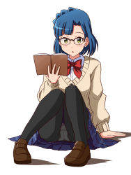 Rule 34 | 1girl, bespectacled, black pantyhose, blush, book, commentary request, crotch seam, glasses, idolmaster, idolmaster million live!, lielos, nanao yuriko, panties, panties under pantyhose, pantyhose, pantyshot, school uniform, simple background, sitting, solo, underwear, yellow eyes