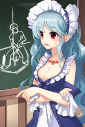 Rule 34 | 1girl, aqua hair, bat (animal), blush, breasts, chalkboard, cleavage, collarbone, crescent nazo, crossed arms, fang, frills, long hair, lowres, open mouth, pointing, red eyes, solo, ssol, sweatdrop, sword girls, tattoo, very long hair, wavy hair