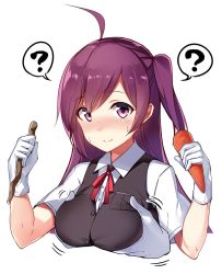 Rule 34 | 10s, 1girl, ?, ahoge, blush, grabbing another&#039;s breast, breasts, carrot, commentary request, cropped torso, gloves, grabbing, hagikaze (kancolle), kantai collection, long hair, looking at viewer, neck ribbon, nose blush, one side up, orihi chihiro, purple eyes, purple hair, ribbon, side ponytail, simple background, smile, solo, solo focus, spoken question mark, upper body, vest, white background