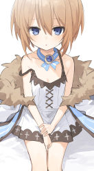 Rule 34 | bare shoulders, blanc, blue eyes, breasts, brown hair, buran buta, cleavage, coat, dress, hair between eyes, highres, neptune (series), nervous, open mouth, ribbon, short hair, simple background, skirt, small breasts, solo, thighs, white background