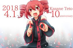 Rule 34 | 1girl, ahoge, anniversary, bare shoulders, binary, black skirt, black sleeves, blush, character name, commentary, dated, detached sleeves, drill hair, fourth wall, highres, index finger raised, kasane teto, katai uji, looking at viewer, open mouth, red eyes, red hair, shirt, short hair, shoulder tattoo, skirt, sleeveless, sleeveless shirt, smile, solo, tattoo, twin drills, upper body, utau, glass writing