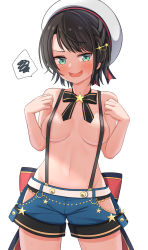 Rule 34 | 1girl, beret, black bow, black hair, blue shorts, blush, bow, braid, breasts, commentary request, cowboy shot, green eyes, groin, hands up, hat, hekomii, highres, hip vent, hololive, medium breasts, naked suspenders, navel, nervous smile, oozora subaru, oozora subaru (work), open mouth, short shorts, shorts, simple background, smile, solo, spoken squiggle, squiggle, star (symbol), suspender shorts, suspenders, sweat, topless, virtual youtuber, white background, white hat