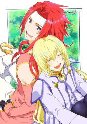 Rule 34 | 1boy, 1girl, bare shoulders, blonde hair, blue eyes, blush, boots, capelet, coat, colette brunel, dress, elbow gloves, closed eyes, gloves, headband, open mouth, pants, pantyhose, red hair, tales of (series), tales of symphonia, zelos wilder