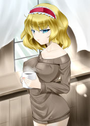 Rule 34 | 1girl, alice margatroid, blonde hair, blue eyes, breasts, cleavage, coffee, coffee mug, collarbone, colored eyelashes, cowboy shot, cup, from side, highres, indoors, large breasts, lips, marl35, mug, naked sweater, solo, sweater, thighs, touhou