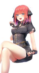 Rule 34 | 1girl, :d, absurdres, bare legs, belt, black dress, black panties, blue eyes, blunt bangs, blush, breasts, butterfly hair ornament, corset, crossed legs, dress, feet out of frame, fingerless gloves, gloves, go-toubun no hanayome, hair ornament, highres, invisible chair, large breasts, looking at viewer, nakano nino, open mouth, panties, pantyshot, pink hair, short dress, short hair, short sleeves, simple background, sitting, smile, solo, two side up, underbust, underwear, upskirt, white background, yuunamida uyu