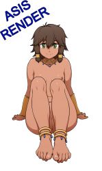 Rule 34 | 1girl, anklet, arm support, barefoot, bracelet, breasts, brown hair, dark-skinned female, dark skin, dungeon ni deai wo motomeru no wa machigatteiru darou ka, feet, female focus, foot focus, full body, green eyes, highres, jewelry, legs, legs together, necklace, nipples, nude, pussy, short hair, sitting, small breasts, smile, solo, tiona hiryute, toes, transparent background