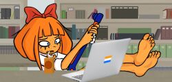 Rule 34 | 1girl, blue eyes, bow, colored skin, computer, feet, female focus, foot focus, freckles, hair bow, laptop, medium hair, mymy (ongezellig), no shoes, no socks, ongezellig, open mouth, orange hair, orange skin, sitting, soles, solo, toes