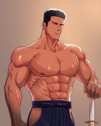 Rule 34 | 1boy, abs, bara, black hair, black pants, dark-skinned male, dark skin, fle0423, hakama, hakama skirt, highres, hip vent, japanese clothes, large pectorals, male focus, muscular, muscular male, navel, nipples, original, pants, pectorals, planted, planted sword, planted weapon, shiny skin, short hair, sideburns, skirt, solo, stomach, sword, topless male, weapon