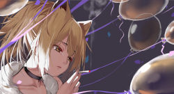 Rule 34 | 1girl, animal ears, aoi (buzhuen444), arknights, balloon, blonde hair, choker, cigarette, collarbone, extra ears, fur collar, highres, holding, holding cigarette, lion ears, portrait, profile, purple background, short hair, short ponytail, siege (arknights), solo, yellow eyes