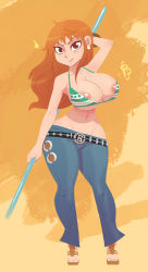Rule 34 | 1girl, areola slip, bikini, bikini top only, breasts, brown eyes, carmessi, cleavage, curvy, full body, large breasts, long hair, looking at viewer, nami (one piece), one piece, orange hair, solo, staff, standing, swimsuit, undersized clothes, wide hips