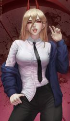 Rule 34 | + +, 1girl, black neckwear, blood, blood splatter, brown hair, business suit, chainsaw man, cross-shaped pupils, demon girl, demon horns, formal, highres, horns, long hair, looking at viewer, necktie, off shoulder, open mouth, power (chainsaw man), red horns, sciamano240, scythe, sharp teeth, shirt partially tucked in, shirt tucked in, standing, suit, symbol-shaped pupils, teeth, thumb in pocket