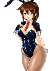 Rule 34 | 1girl, animal ears, black leotard, blue eyes, braid, breasts, brown hair, brown pantyhose, cleavage, covered navel, cowboy shot, detached collar, hair flaps, hair over shoulder, hair ribbon, kantai collection, kudou (ooabareteng), leotard, long hair, looking at viewer, medium breasts, neckerchief, open mouth, pantyhose, playboy bunny, rabbit ears, red neckerchief, ribbon, shigure (kancolle), shigure kai ni (kancolle), single braid, smile, solo, white background, wrist cuffs