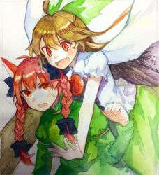 Rule 34 | 13 (spice!!), 2girls, animal ears, bird wings, black wings, blush, bow, braid, brown hair, cat ears, commentary request, dress, green bow, green dress, green skirt, hair bow, hug, hug from behind, kaenbyou rin, long hair, long sleeves, looking at another, multiple girls, open mouth, red eyes, red hair, reiuji utsuho, shirt, short sleeves, simple background, sketch, skirt, smile, third eye, third eye on chest, touhou, twin braids, white shirt, wings