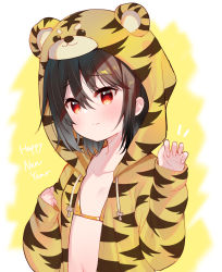 Rule 34 | 1girl, animal ears, animal hood, animal print, bikini, bikini under clothes, black hair, blush, chinese zodiac, closed mouth, collarbone, fake animal ears, hair between eyes, hands up, happy new year, highres, hood, hood up, hooded jacket, jacket, long sleeves, meito (maze), new year, open clothes, open jacket, orange bikini, original, print jacket, puffy long sleeves, puffy sleeves, red eyes, sleeves past wrists, solo, swimsuit, tiger ears, tiger hood, tiger print, two-tone background, upper body, white background, year of the tiger, yellow background, yellow jacket
