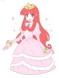 Rule 34 | 1girl, bad id, bad twitter id, bracelet, crown, dress, earrings, elbow gloves, gloves, gold bracelet, highres, jewelry, long hair, looking at viewer, nintendo, open mouth, oxo xwo, pink dress, pink gloves, princess shokora, red hair, simple background, smile, sparkle, wario land, wario land 4, white background