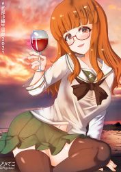 Rule 34 | 1girl, black thighhighs, blush, breasts, brown eyes, cup, drinking glass, girls und panzer, glass, glasses, green skirt, highres, large breasts, long hair, looking at viewer, megadeko, navel, ooarai school uniform, open mouth, orange hair, outdoors, pleated skirt, school uniform, skirt, smile, solo, takebe saori, thighhighs, translation request, wine glass