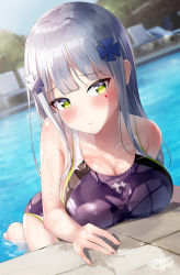 Rule 34 | 1girl, bare shoulders, blue one-piece swimsuit, blush, breasts, cleavage, collarbone, competition swimsuit, girls&#039; frontline, green eyes, highres, hk416 (girls&#039; frontline), large breasts, long hair, looking at viewer, one-piece swimsuit, shirosaba, silver hair, solo, swimsuit