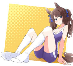 Rule 34 | 1girl, animal ears, blue one-piece swimsuit, blush, border, breasts, cleavage, closed mouth, commentary request, competition school swimsuit, ear ornament, ear piercing, feet, grey eyes, horse ears, horse girl, horse tail, kneehighs, knees up, long hair, looking at viewer, medium breasts, nel-c, one-piece swimsuit, piercing, school swimsuit, sitting, socks, soles, solo, swimsuit, tail, tosen jordan (umamusume), tracen swimsuit, twintails, umamusume, white border, white socks, yellow background