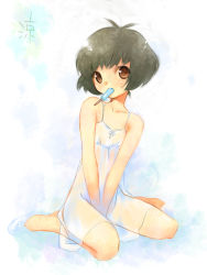 Rule 34 | 00s, 1boy, akizuki ryo, barefoot, black hair, brown eyes, covering privates, covering crotch, crossdressing, dress, ech, food, idolmaster, idolmaster dearly stars, male focus, mouth hold, non-web source, popsicle, short hair, sitting, solo, sundress, trap, v arms