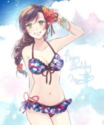 Rule 34 | 10s, 1girl, :d, arm behind back, bad id, bad twitter id, bikini, bikini skirt, blush, braid, breasts, character name, cleavage, cloud, collarbone, cowboy shot, flower, front-tie top, green eyes, groin, hair flower, hair ornament, hand on own head, happy birthday, heart, lace, lace-trimmed bikini, lace trim, lips, long hair, looking at viewer, love live!, love live! school idol festival, love live! school idol project, medium breasts, mochi sakura, open mouth, ponytail, purple hair, scrunchie, single braid, smile, solo, swimsuit, tojo nozomi