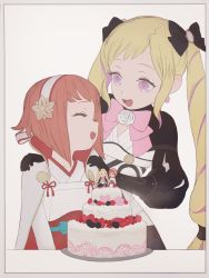 Rule 34 | 2girls, :d, black bow, black gloves, blonde hair, bow, cake, character doll, commentary, elise (fire emblem), english commentary, closed eyes, fire emblem, fire emblem fates, food, gloves, hair bow, hairband, hands on another&#039;s shoulders, highres, long hair, multiple girls, nintendo, open mouth, orange hair, pink bow, pumpkinspicelatte, purple eyes, sakura (fire emblem), simple background, smile, twintails, very long hair, wedding cake, white background, yuri