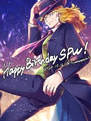 Rule 34 | 1boy, artist name, birthday, black hat, blonde hair, brown eyes, closed mouth, commentary request, dated, formal, hand on headwear, happy birthday, hat, jojo no kimyou na bouken, light particles, light smile, long hair, looking at viewer, male focus, necktie, phantom blood, pink necktie, robert e. o. speedwagon, scar, scar on face, solo, suit, twitter username, yuu knight3858