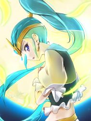Rule 34 | 1girl, artist name, blue eyes, blue hair, brooch, clear glass (mildmild1311), cure nile, earrings, full moon, happinesscharge precure!, heart, heart brooch, jewelry, long hair, looking at viewer, looking to the side, magical girl, moon, night, precure, puffy short sleeves, puffy sleeves, short sleeves, signature, skirt, smile, solo, twitter username, upper body, very long hair, wide ponytail