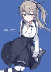 Rule 34 | 10s, 1girl, bandages, blonde hair, blue background, bow, bowtie, brown eyes, buttons, collared shirt, copyright name, expressionless, fuji fujino, girls und panzer, gothic lolita, hair between eyes, hair bow, hairband, lolita fashion, long hair, looking at viewer, open mouth, pantyhose, parted lips, shimada arisu, shirt, solo, striped clothes, striped legwear, striped pantyhose, stuffed animal, stuffed toy, suspenders, teddy bear, two side up, white shirt