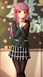 Rule 34 | 1girl, black jacket, black pantyhose, black skirt, blush, braid, chalkboard, classroom, closed mouth, collared shirt, doukyuusei, doukyuusei another world, flower, french braid, game cg, hair ribbon, indoors, jacket, long hair, long sleeves, looking at viewer, miniskirt, neck ribbon, official art, pantyhose, pink hair, pleated skirt, red eyes, red flower, red ribbon, red rose, ribbon, rose, sakuragi mai, school uniform, shiny clothes, shiny legwear, shirt, skirt, smile, solo, standing, thigh gap, very long hair, wing collar, yellow ribbon