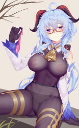 Rule 34 | 1girl, ahoge, aoi (buzhuen444), bare shoulders, black gloves, black panties, blue hair, blush, bodystocking, breasts, cameltoe, commentary request, condom, detached sleeves, flower knot, ganyu (genshin impact), genshin impact, glasses, gloves, grey background, holding, holding condom, horns, large breasts, long hair, long sleeves, looking at viewer, paid reward available, panties, panties under pantyhose, pantyhose, purple eyes, red-framed eyewear, semi-rimless eyewear, simple background, sitting, smile, solo, under-rim eyewear, underwear, used condom, very long hair, vision (genshin impact)