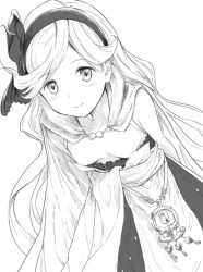 Rule 34 | 1girl, blush, breasts, cape, closed mouth, downblouse, granblue fantasy, greyscale, hairband, konoe (fogtracks), leaning forward, long hair, looking at viewer, monochrome, sara (granblue fantasy), simple background, small breasts, smile, solo, white background