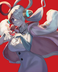 Rule 34 | 1girl, blue eyes, breasts, cowboy shot, dress, fur trim, gloves, grin, hair over one eye, hair rings, hands up, headphones, heart, heart hands, highres, large breasts, long hair, looking at viewer, m0 chi, multicolored hair, one piece, one piece film: red, red background, red hair, single glove, smile, split-color hair, two-tone hair, uta (one piece), white dress