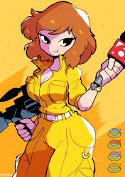 Rule 34 | 1girl, absurdres, april o&#039;neil, belt, black eyes, blush, breasts, brown hair, cleavage, closed mouth, donatello (tmnt), gun, highres, holding, holding gun, holding microphone, holding weapon, jumpsuit, leonardo (tmnt), looking at viewer, medium breasts, medium hair, michelangelo (tmnt), microphone, raphael (tmnt), rariatto (ganguri), smile, solo, standing, teenage mutant ninja turtles, weapon, white belt, yellow background, yellow jumpsuit, yellow theme