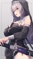 Rule 34 | 1girl, bare shoulders, blue dress, blush, breasts, bridal veil, capelet, coif, commentary request, detached sleeves, dress, grey hair, hetaren (ramark), high collar, highres, large breasts, looking at viewer, nun, open mouth, original, scabbard, seductive smile, sheath, sheathed, sideways glance, smile, solo, strapless, strapless dress, sword, veil, weapon, white capelet