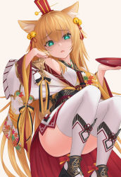 Rule 34 | 1girl, bell, black sash, blonde hair, blue eyes, cup, dagger, glowing, glowing eyes, green eyes, hair bell, hair ornament, hand up, hat, highres, holding, holding cup, invisible chair, japanese clothes, jingle bell, kimono, knife, long hair, long sleeves, looking at viewer, mao lian (nekokao), obi, off shoulder, original, parted lips, sakazuki, sash, shaded face, sitting, solo, tassel, tate eboshi, thighhighs, very long hair, weapon, white background, white kimono, white thighhighs, wide sleeves